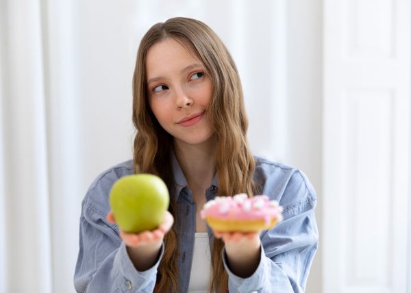 נערה מחזיקה תפוח ביד אחת וביד השנייה עוגיה